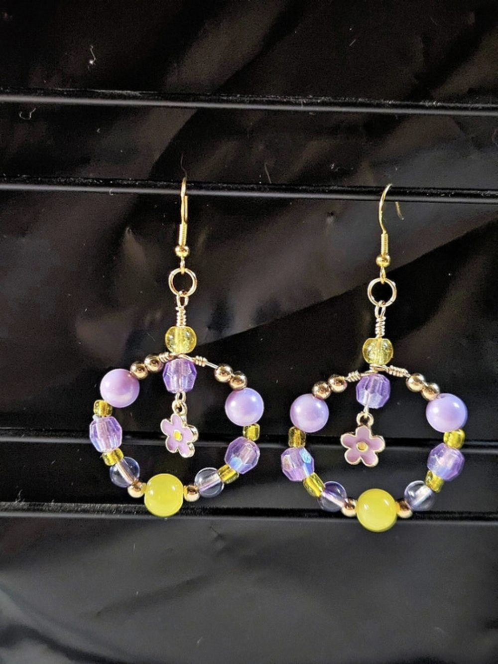 Beaded Flower Earrings in Purple & Yellow | New | Handmade